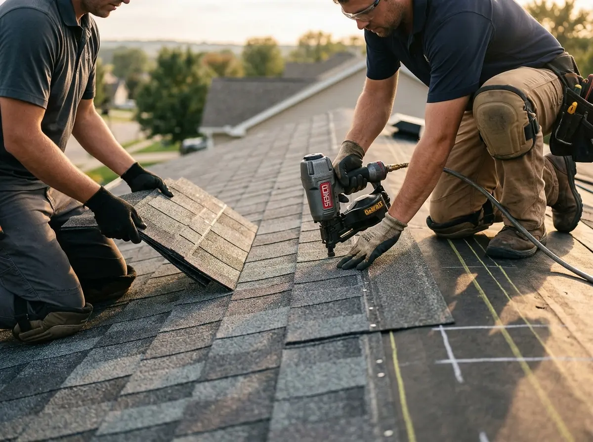 Professional roofer working on a residential roof in Ashton-Sandy Spring